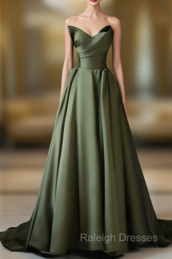 A-Line Strapless Satin Long Prom Dress, Dark Green Evening Party Dress