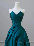 A-Line Strapless Satin Peacock Blue Long Prom Dress, Simple Peacock Blue Evening Dress