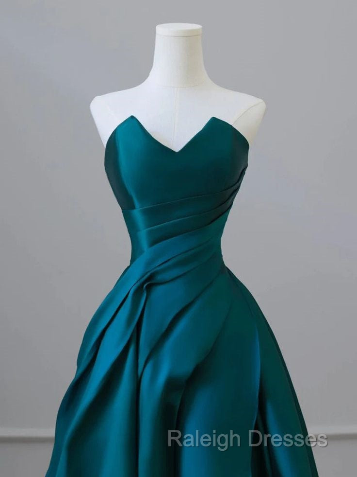 A-Line Strapless Satin Peacock Blue Long Prom Dress, Simple Peacock Blue Evening Dress