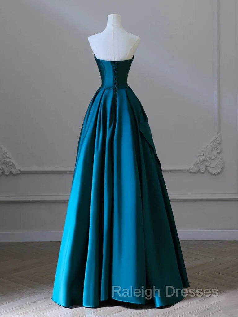 A-Line Strapless Satin Peacock Blue Long Prom Dress, Simple Peacock Blue Evening Dress