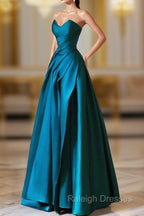 A-Line Strapless Satin Peacock Blue Long Prom Dress, Simple Peacock Blue Evening Dress
