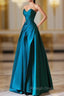 A-Line Strapless Satin Peacock Blue Long Prom Dress, Simple Peacock Blue Evening Dress