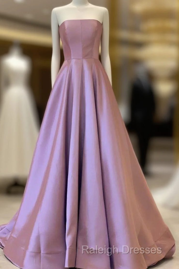 A-Line Strapless Satin Prom Dresses Mauve Pink Formal Gown Floor Length Main image