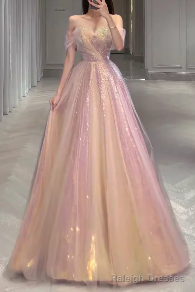 A Line Strapless Sequin Pink Prom Dresses Long Prom Dress
