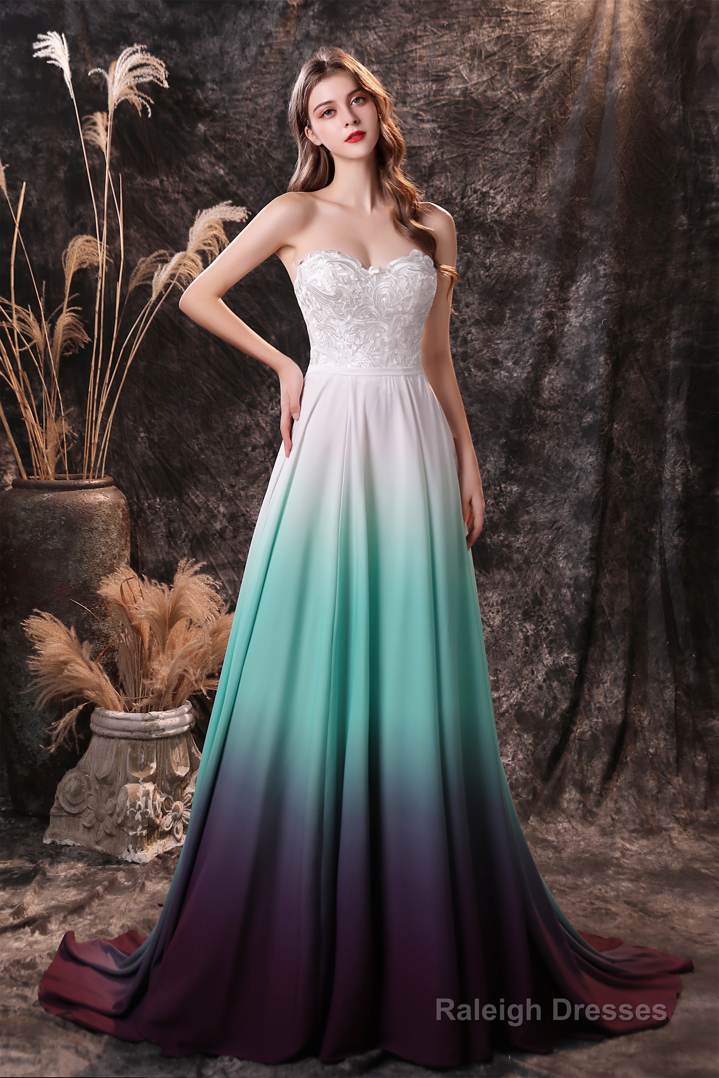 A Line Strapless Sleeveless Appliques Ombre Silk Like Satin Sweep Train Prom Dresses Main image