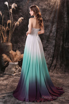 A Line Strapless Sleeveless Appliques Ombre Silk Like Satin Sweep Train Prom Dresses