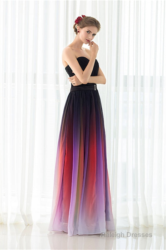 A Line Strapless Sleeveless Colorful Chiffon Floor Length Prom Dresses With Belt