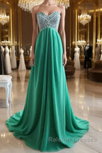 A-Line Strapless Sweetheart Neck Green Chiffon Long Prom Dresses, Green Evening Dresses
