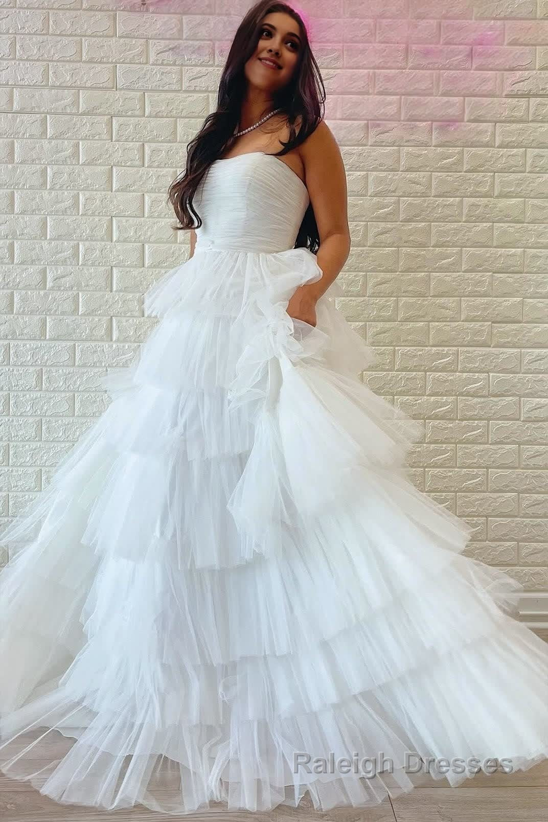 A Line Strapless Tiered Tulle Prom Dress with Ruffles