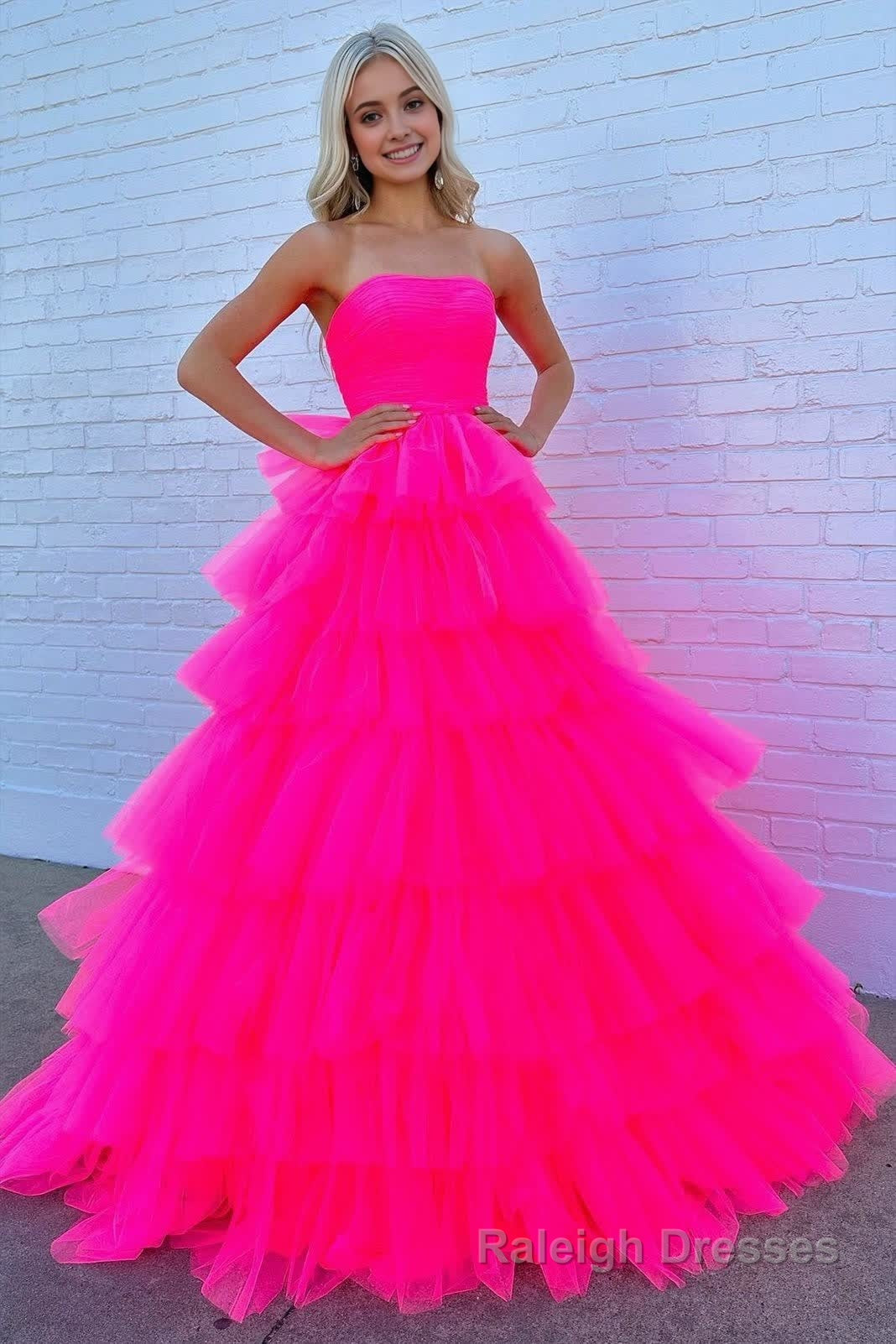 A Line Strapless Tiered Tulle Prom Dress with Ruffles