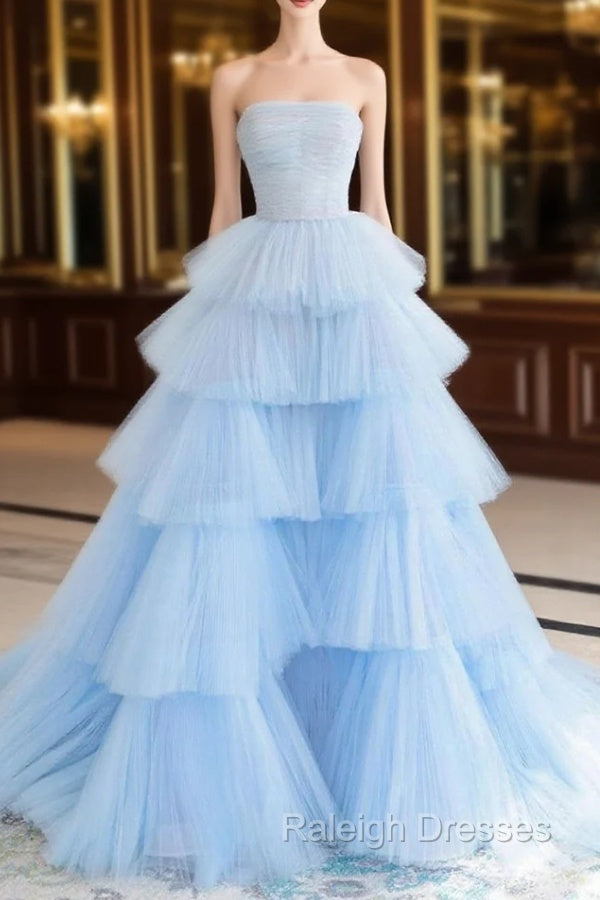 A line Strapless Tiered Tulle Prom Dress