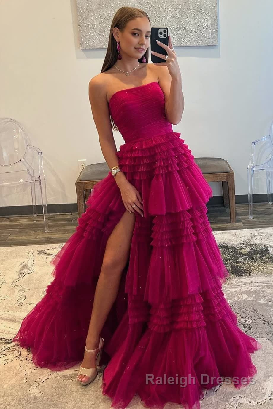 A Line Strapless Tulle Long Prom Dress with Tiered Ruffles Secondary image