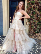A-Line Strapless Tulle Long Prom Dress with Tiered Ruffles
