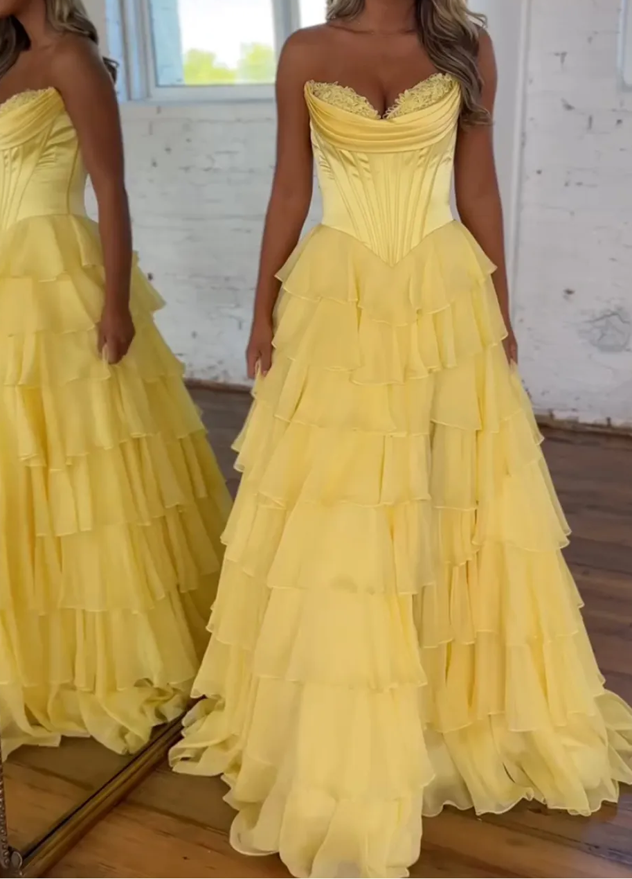 A-Line Strapless V-Neck Tiered Empire-Waist Long Prom Dresses