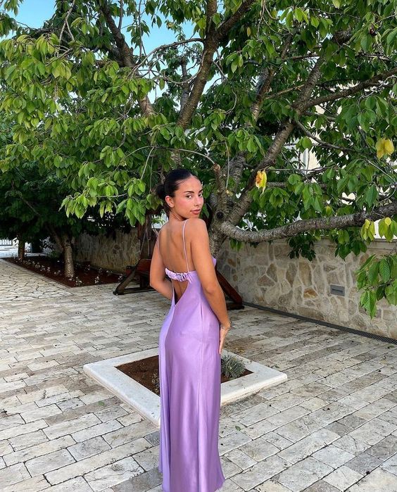 A-Line Straps Backless Prom Dresses Long Lilac Prom Dresses