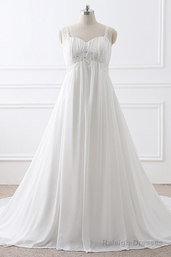 A-Line Straps Empire Long White Bridesmaid Dress With Beads