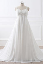 A-Line Straps Empire Long White Bridesmaid Dresses With Beads