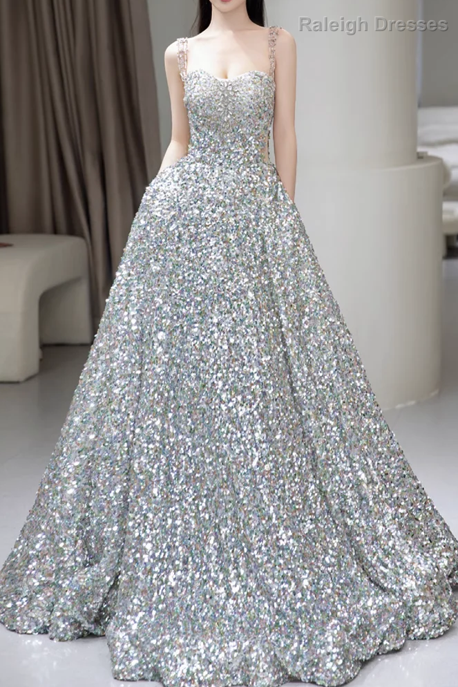 A line Straps Evening Party Dress Sequin Long Prom Dress