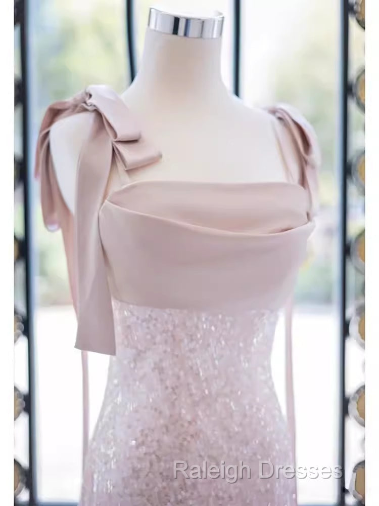 A-Line Straps Pink Satin Long Prom Dress