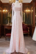 A-Line Straps Pink Satin Long Prom Dress