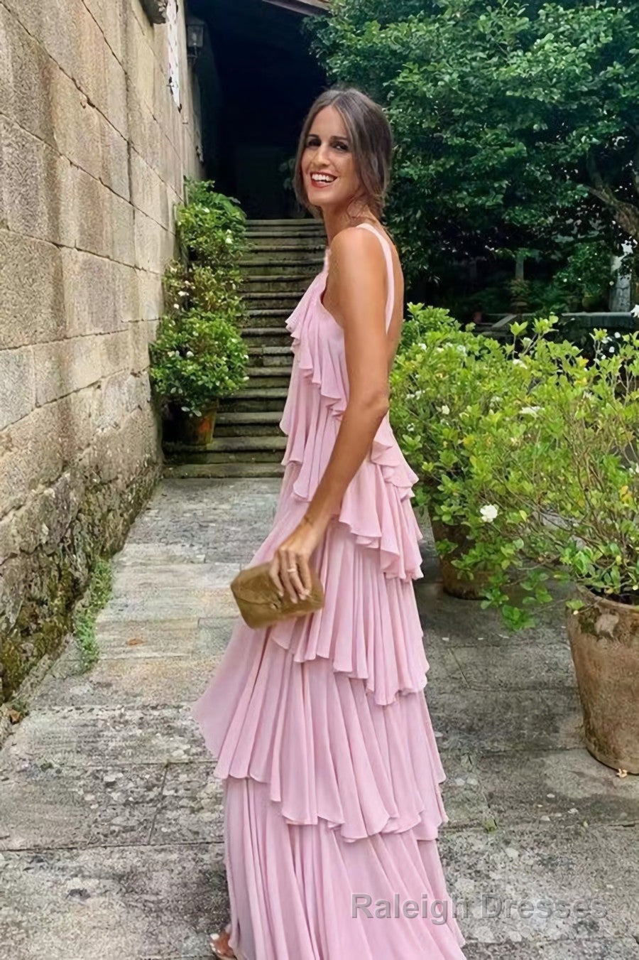 A Line Straps Tiered Chiffon Floor Length Long Prom Dress Pink Formal Evening Dresses Main image