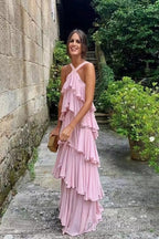 A Line Straps Tiered Chiffon Floor Length Long Prom Dress Pink Formal Prom Dresses