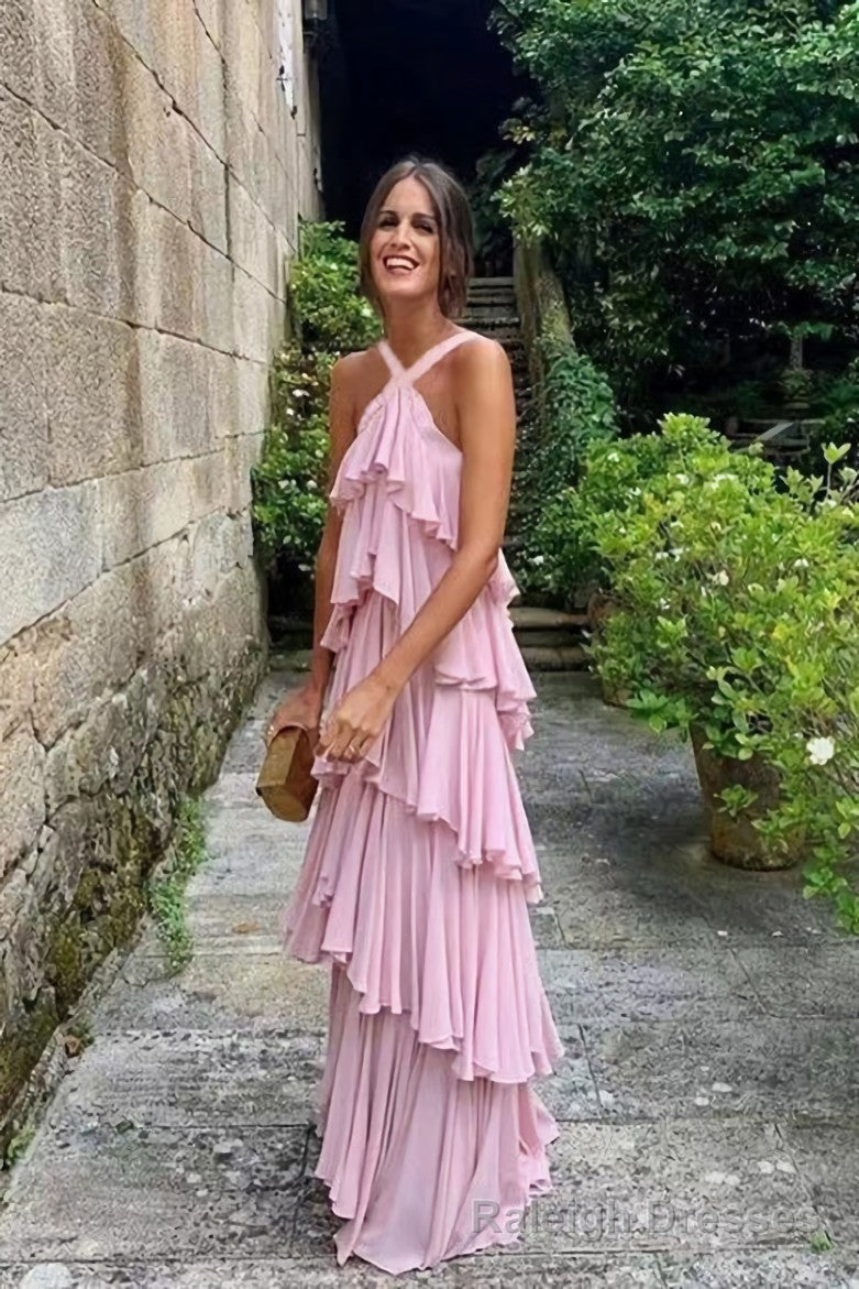 A Line Straps Tiered Chiffon Floor Length Long Prom Dress Pink Formal Prom Dresses