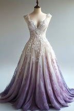 A-Line Straps Tulle Beaded Prom Dresses Long Applique Sweetheart Neck Prom Gowns