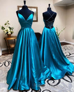 A Line Stretch Satin Emerald Green Prom Dresses Spaghetti Straps V Neck Dress