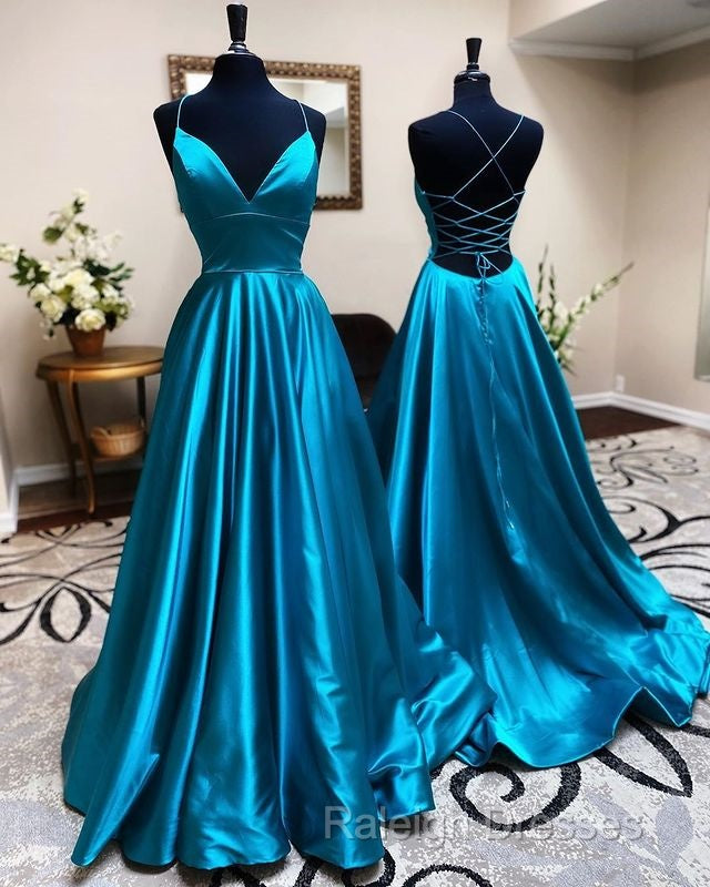A Line Stretch Satin Emerald Green Prom Dresses Spaghetti Straps V Neck Dress