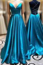 A Line Stretch Satin Emerald Green Prom Dresses Spaghetti Straps V Neck Dress