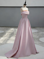 A-Line Sweep Train Satin Dark Pink Long Formal Prom Dress