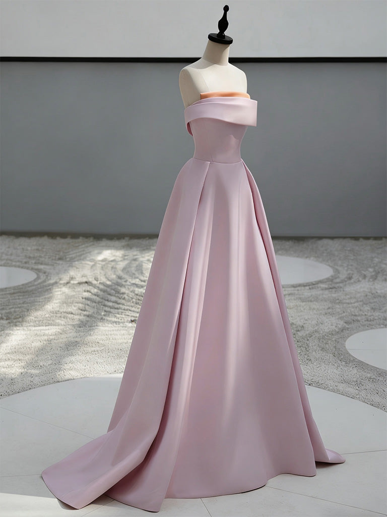A-Line Sweep Train Satin Dark Pink Long Formal Prom Dress