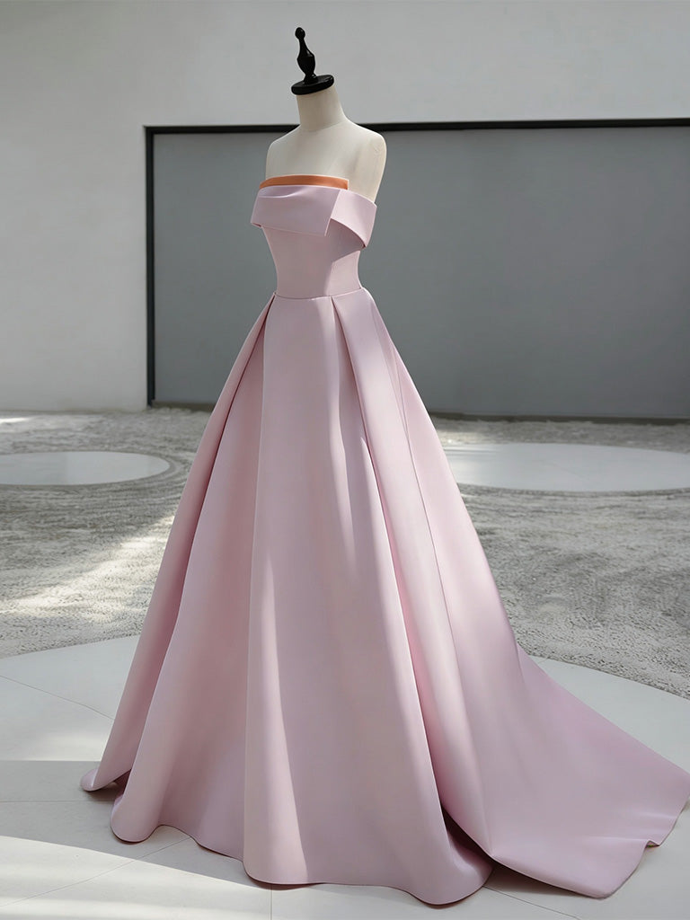 A-Line Sweep Train Satin Dark Pink Long Formal Prom Dress Main image
