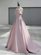 A-Line Sweep Train Satin Dark Pink Long Formal Prom Dress