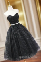 A-Line Sweetheart Neck Black Short Prom Dress, Black Formal Evening Dresses