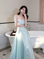 A-Line Sweetheart Neck Blue Long Formal Prom Dress