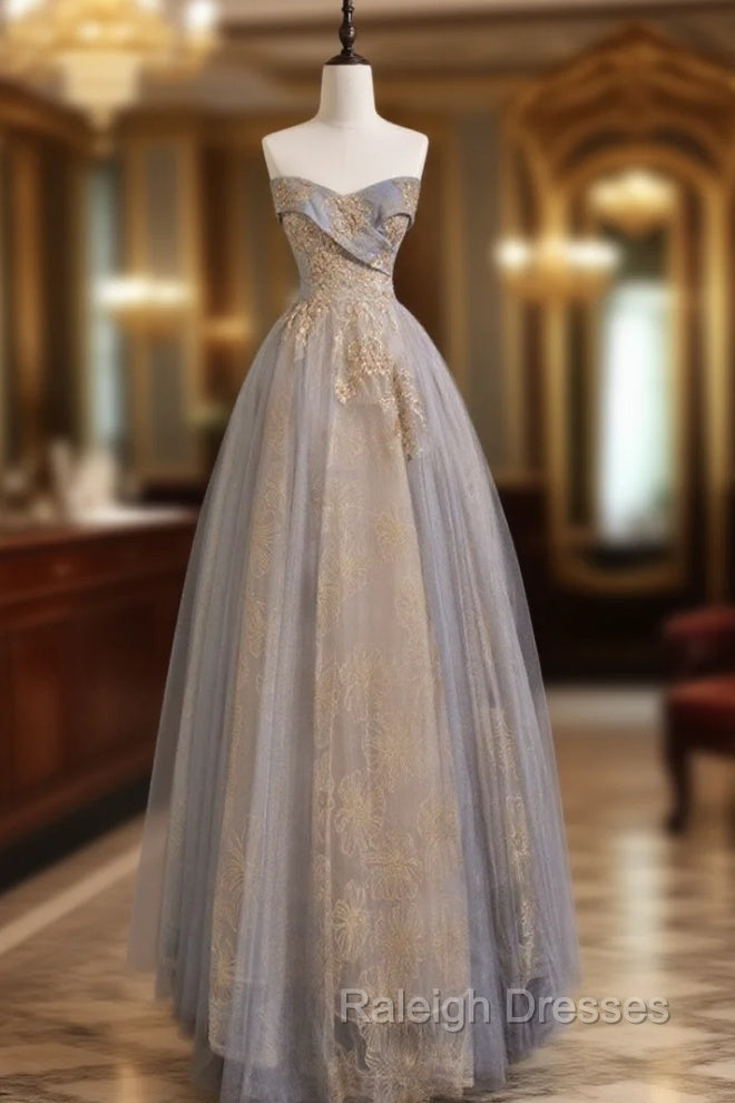 A Line Sweetheart Neck Gray Blue Long Prom Dress, Gray Court Train Blue Formal Gown