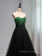 A Line Sweetheart Neck Green Beads Black Tulle Long Prom Dress Evening Dress
