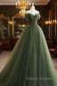 A Line Sweetheart Neck Green Long Prom Dress, Sweep Train Green Formal Dress