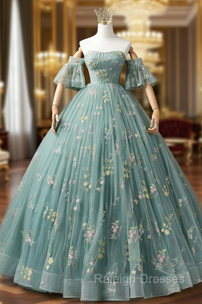 A-Line Sweetheart Neck Green Long Prom Dresses, Green Lace Formal Dress Main image