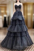 A Line Sweetheart Neck Lace Black Long Prom Dress, Black Formal Dress