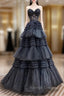 A Line Sweetheart Neck Lace Black Long Prom Dress, Black Formal Dress
