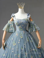 A Line Sweetheart Neck Lace Gray Blue Long Prom Dress, Gray Blue Sweet 16 Dress