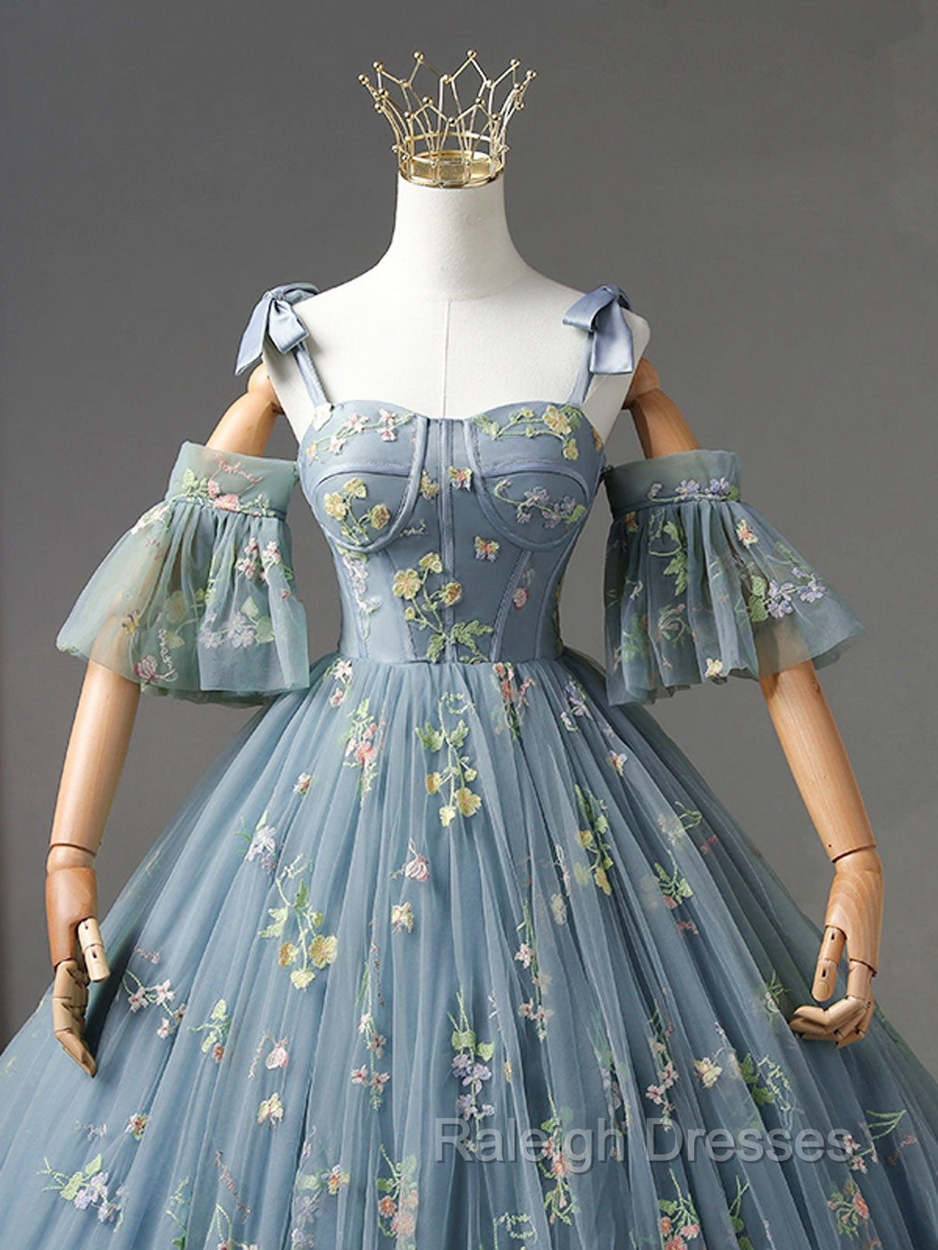 A Line Sweetheart Neck Lace Gray Blue Long Prom Dress, Gray Blue Sweet 16 Dress