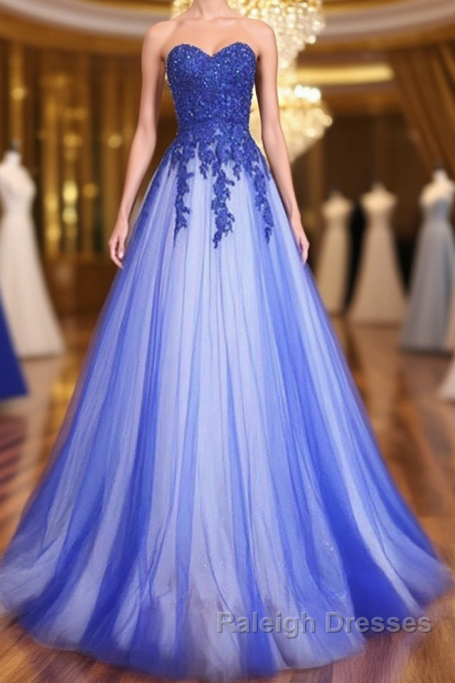 A Line Sweetheart Neck Lace Tulle Blue Long Prom Dress Blue Prom Dress Blue Lace Prom Dress Main image