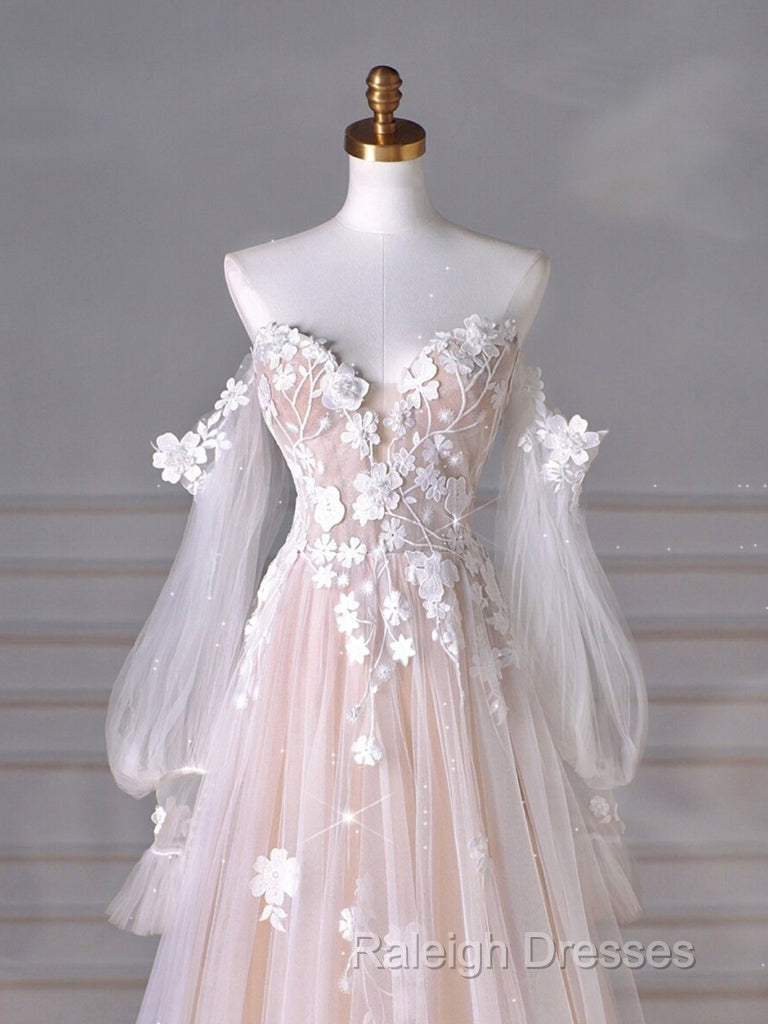 A-Line Sweetheart Neck Long Sleeve Lace Tulle Light Champagne Long Prom Dresses Secondary image