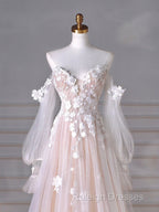 A-Line Sweetheart Neck Long Sleeve Lace Tulle Light Champagne Long Prom Dresses