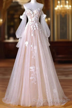 A-Line Sweetheart Neck Long Sleeve Lace Tulle Light Champagne Long Prom Dress