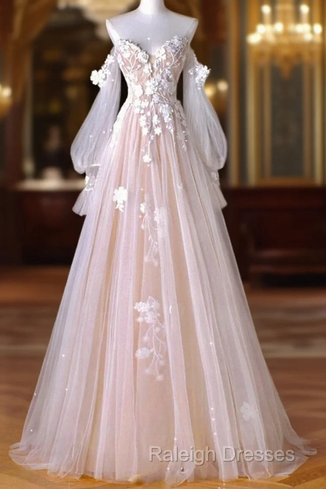 A-Line Sweetheart Neck Long Sleeve Lace Tulle Light Champagne Long Prom Dress